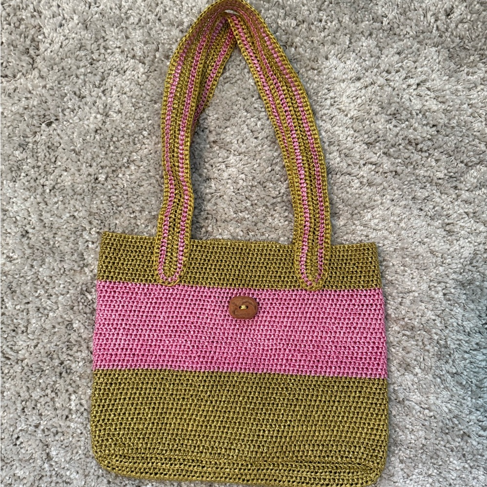 Pink and Green Woven Tote Bag